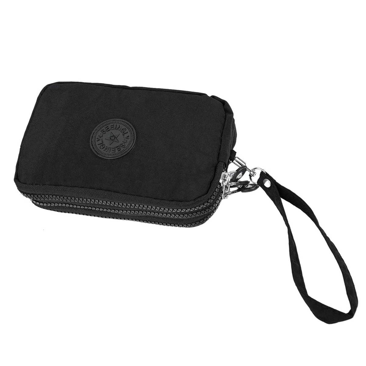 2X Women Small Wallet Washer Wrinkle Fabric Phone Purse Three Zippers Portable Make Up Bag Black