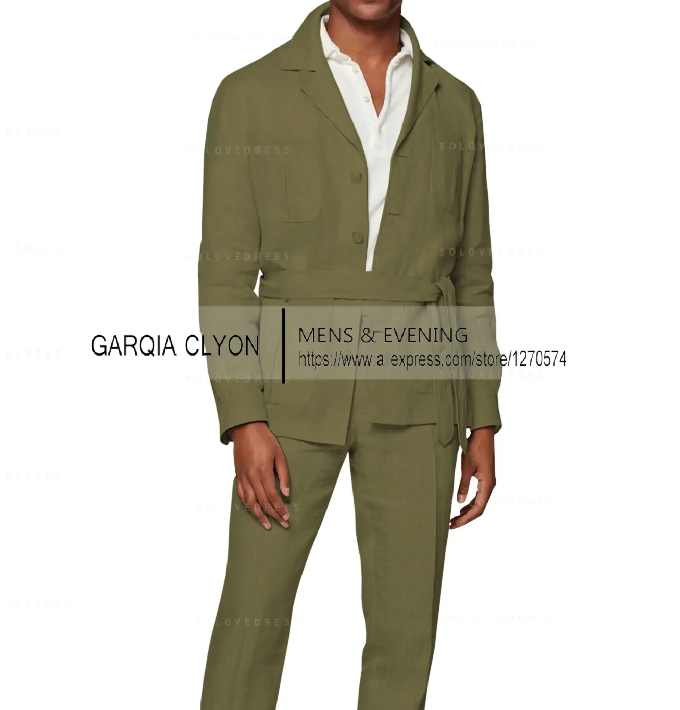 New 2 Pieces Linen Men's Suits With Belt Tuxedo Summer Casual Style Groomsmen For Wedding(Blazer+Pants)