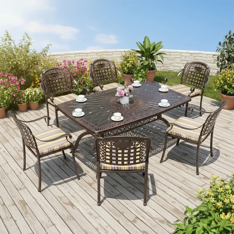 for European Outdoor Aluminum Alloy Large Table Cast Aluminum Table and Chair Bench Wrought Iron Dining Chair Combination