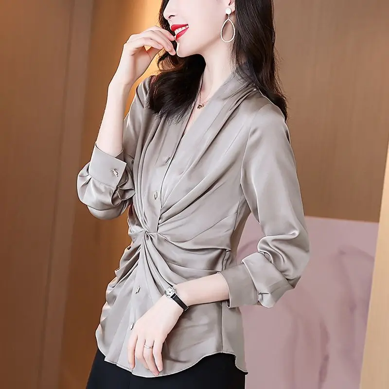 Commute Solid Color Folds Blouse Spring Autumn Fashion Slim Long Sleeve Female Clothing All-match Elegant V-Neck Button Shirt