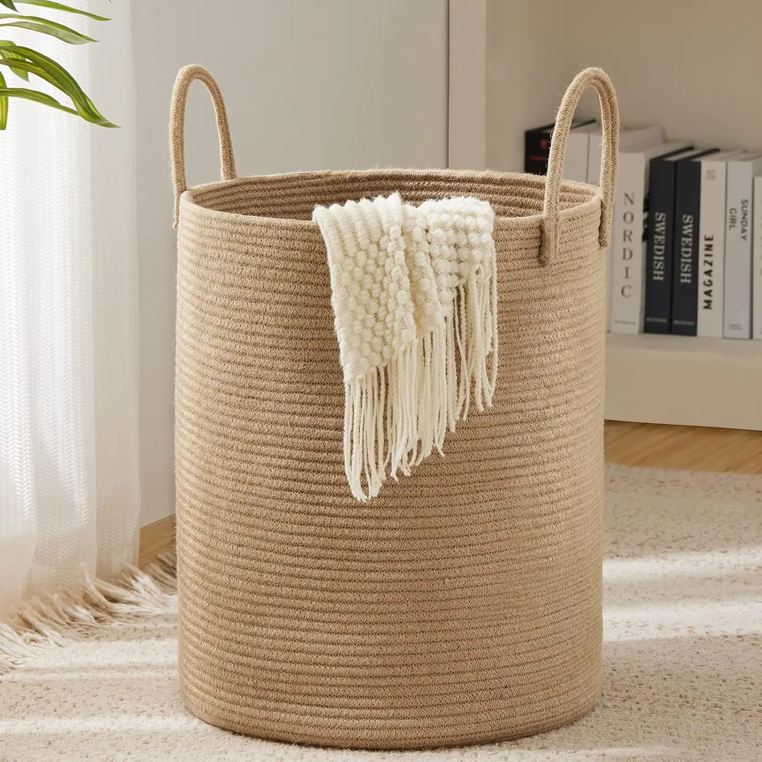 Jute Rope Woven Laundry Hamper Basket 72L, Tall Laundry Basket,Baby Nursery Hamper for Blanket Storage,Clothes Hamper