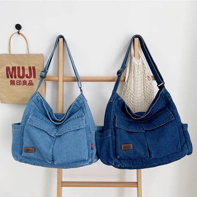 Denim Unisex Retro Jean Large Capacity Multiple Pockets Blue Messenger Crossbody Bag Handbag Letter Shoulder Shopper Women Purse