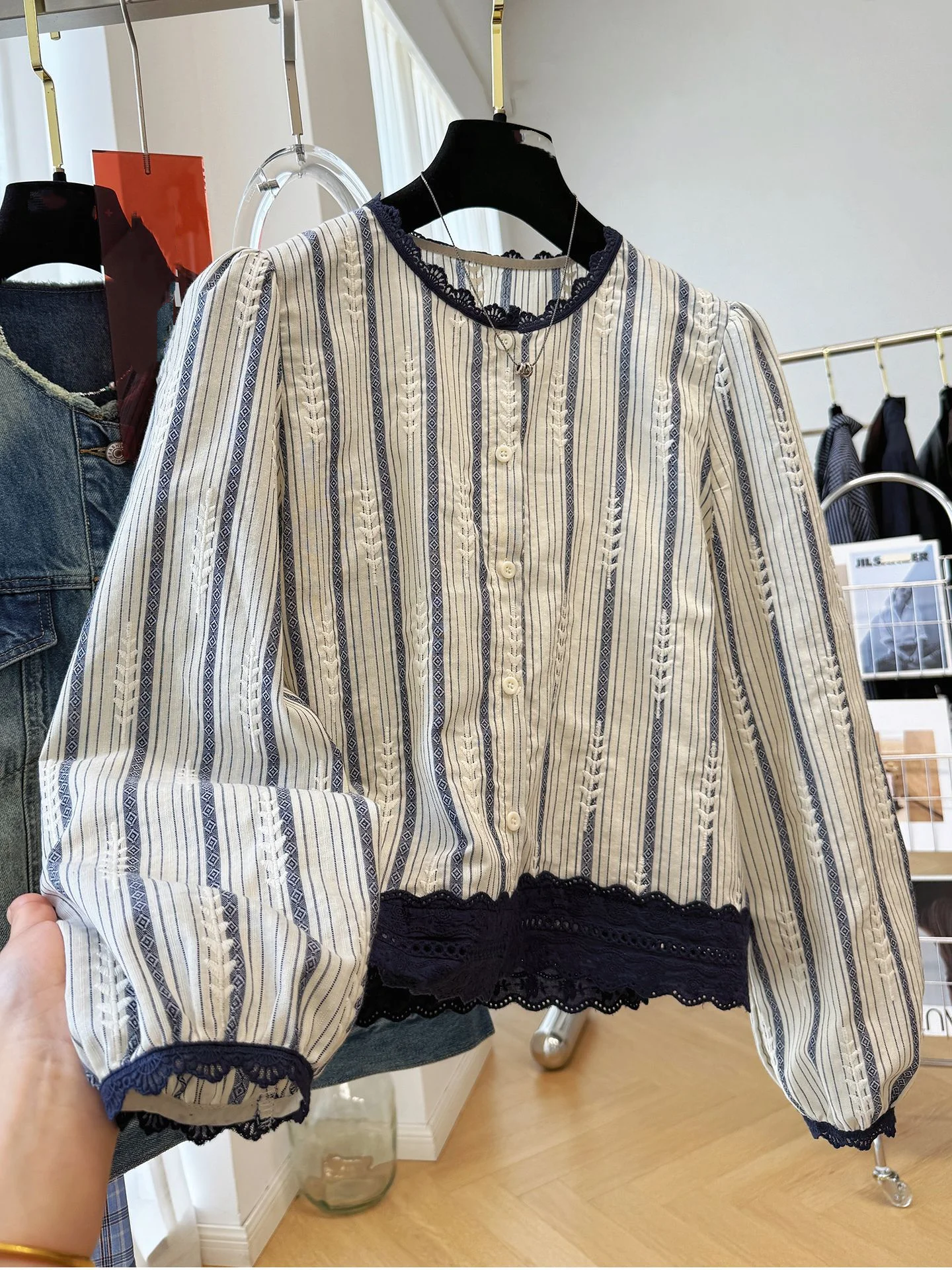 Women's Striped Lace Trim Blouse, Elegant Long Sleeve Button-Down Shirt with Hollow Embroidery, Casual Daily Wear view 5