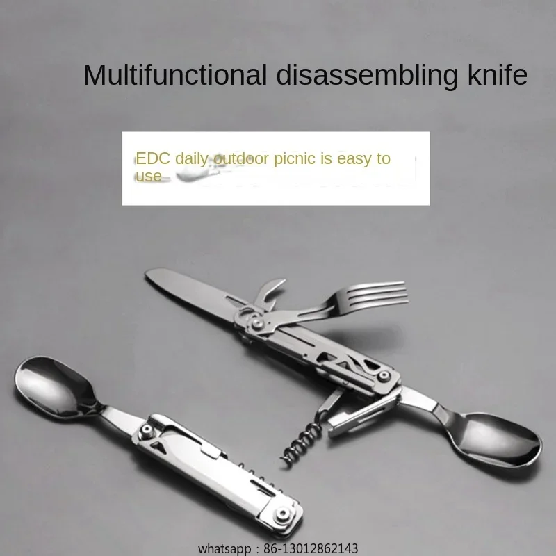 

Outdoor multifunctional camping tableware, portable folding knife, fork, spoon, bottle opener, travel stainless steel