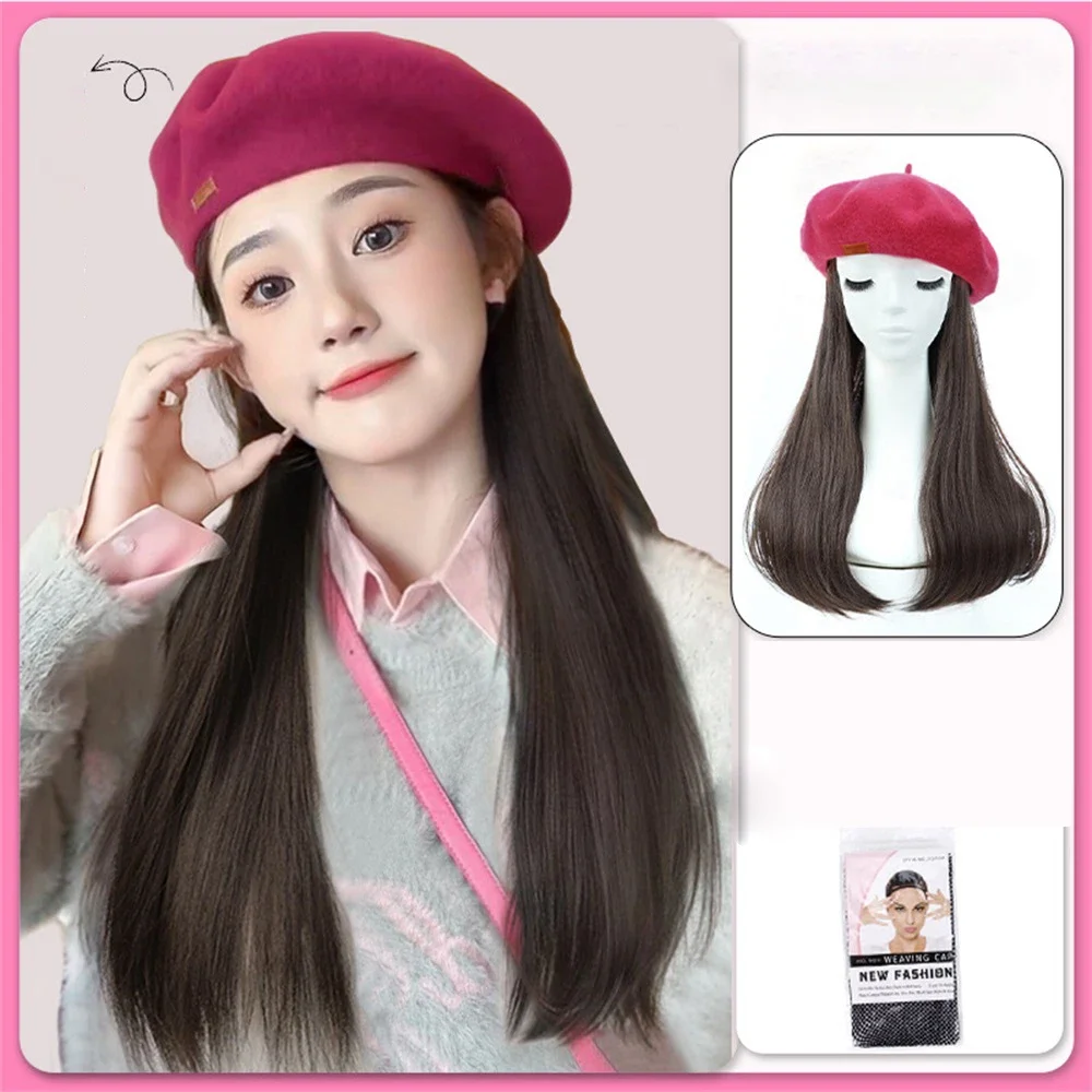 New Fashion Pink Beret Wig Synthetic Long Straight Hat Wig Hat Detachable Wig Keeps Warm And Fashionable Hat Wig For Women