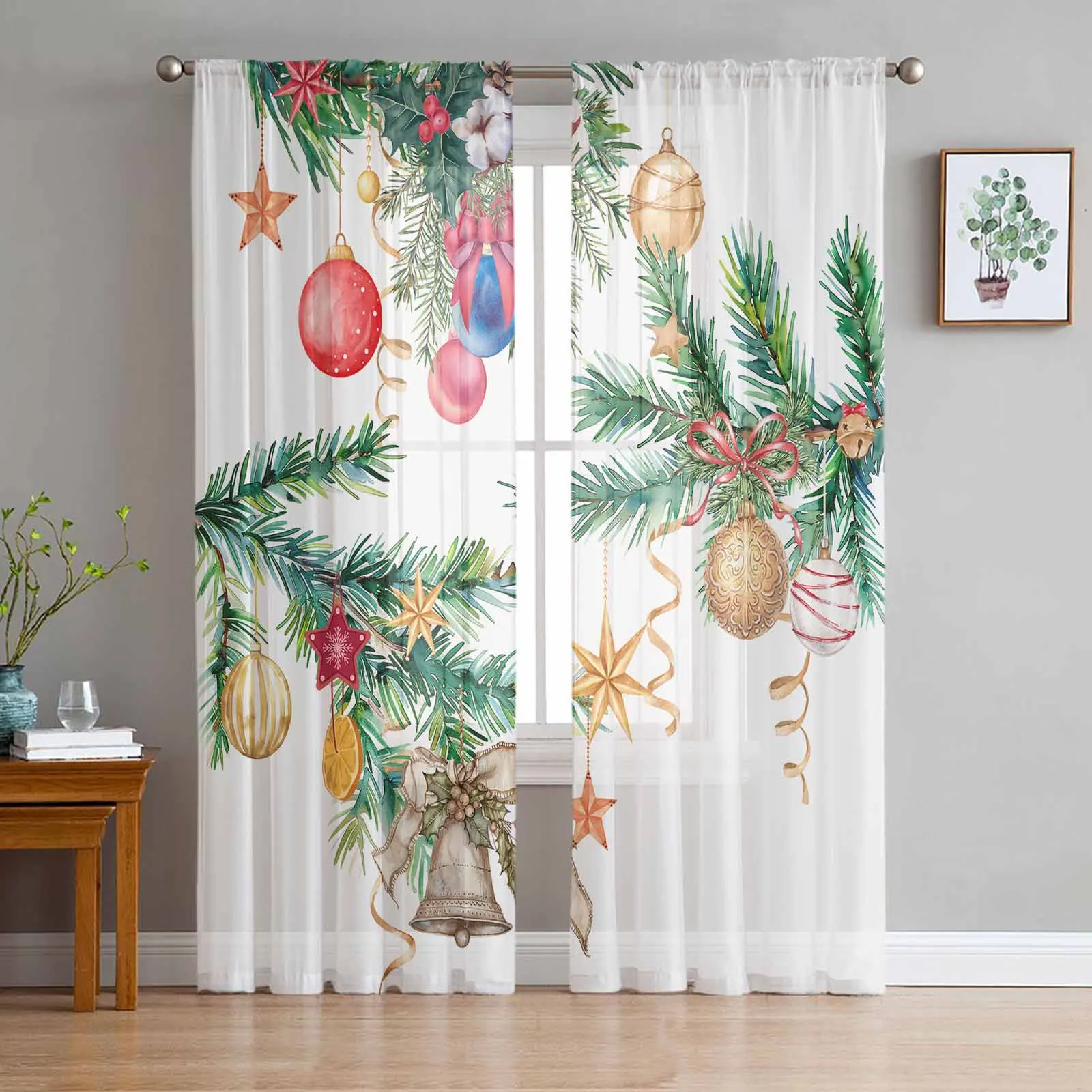 Christmas Pine Tree Lantern Star Ribbon Window Treatment Tulle Modern Sheer Curtains for Kitchen Living Room Curtains Decor