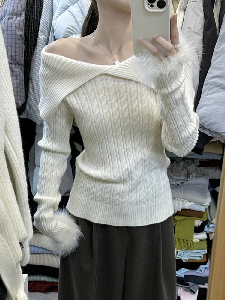 Suéter de Punto para Mujer, Diseño de Hombro Descubierto con Cuello Grande y Flores Trenzadas, Nuevo Modelo de Invierno, Color Blanco, Top con Hombros Descubiertos para Otoño e Invierno...