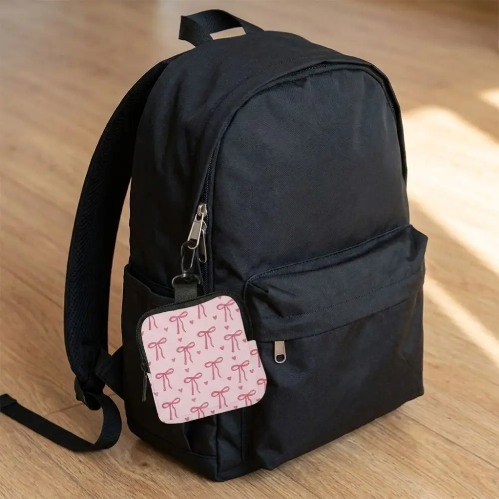 Portable Bow Print Coin Purse PU Leather Water-resistant Mini Wallet Portable Earphone Bag Zipper Storage Bag Friends Gift