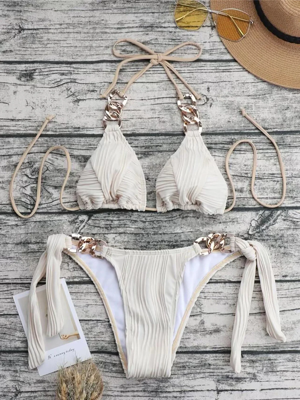 Sexy Metal Rings Halter Wrinkled Bikini Female Swimsuit Women Swimwear Two-pieces Bikini set Bather Bathing Suit Swim Lady K4149