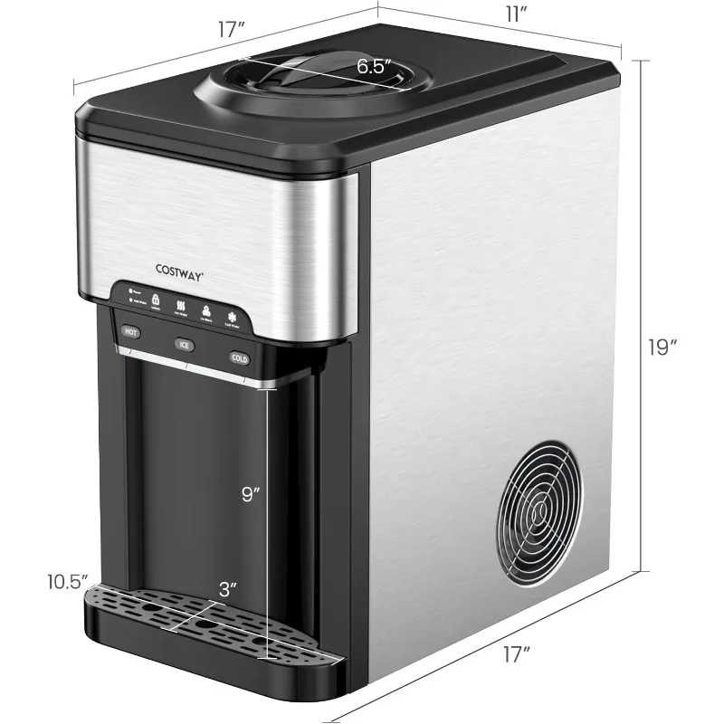 موزع مياه COSTWAY مع صانع الثلج، يحمل زجاجة 3-5 جالون، ماكينة تبريد المياه الباردة الساخنة 3 في 1 على سطح الطاولة