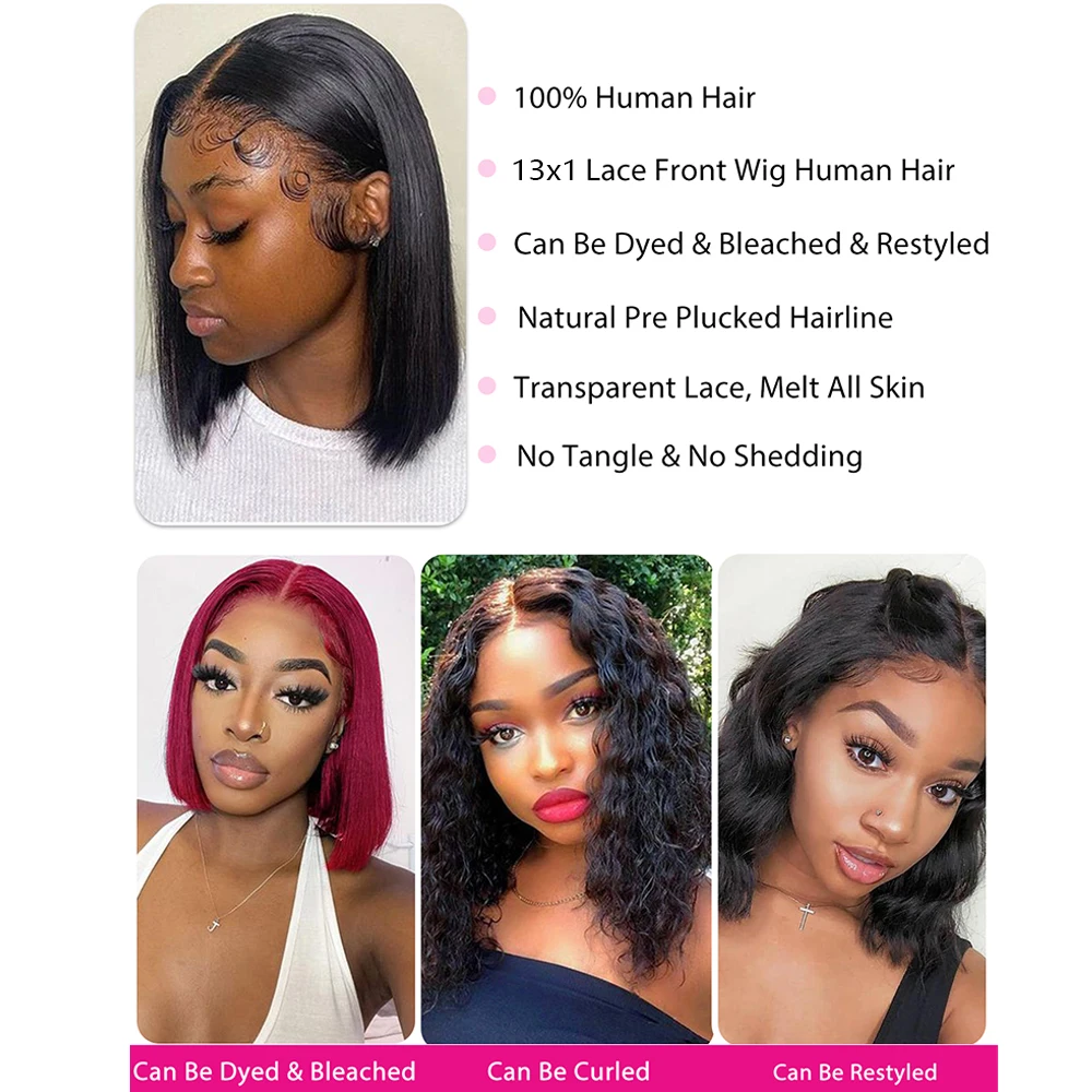 ボブウィッグ人毛レースフロントウィッグ100%人毛ウィッグミドルパート透明レース13X1 Tパートストレートボブウィッグ女性用