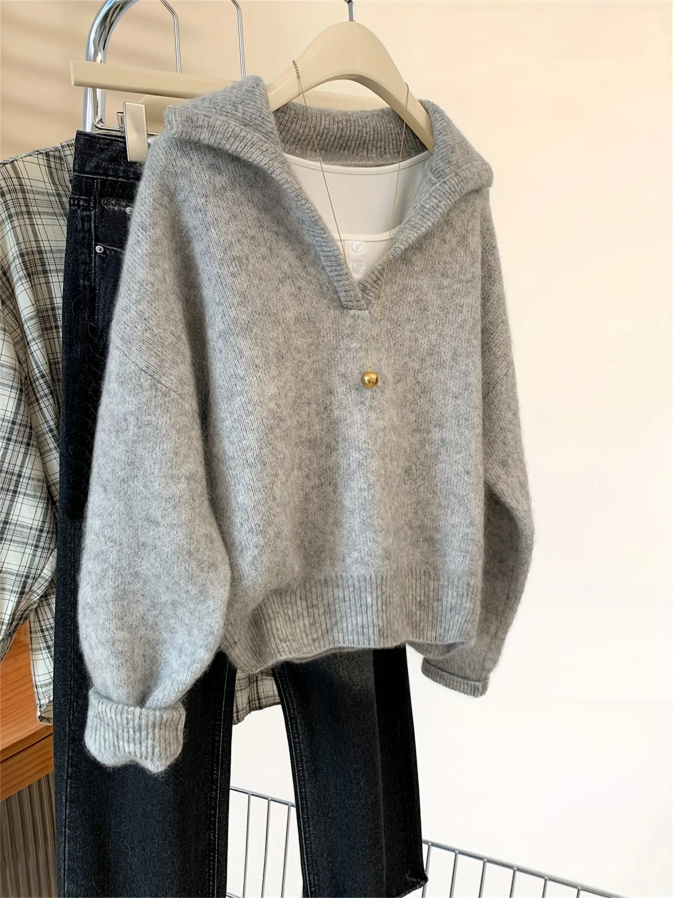 

Vintage French Style Women's Blouse - Soft Stretch Sweater for Office & Fall Winter Wear. Elegant Versatile Wardrobe Essential.