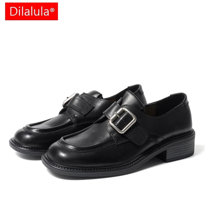 

Dilalula 2025 г. Высококачественные лоферы из натуральной кожи, женские туфли-лодочки без шнуровки на низком толстом каблуке с квадратным носком и пряжкой на ремне, женская обувь