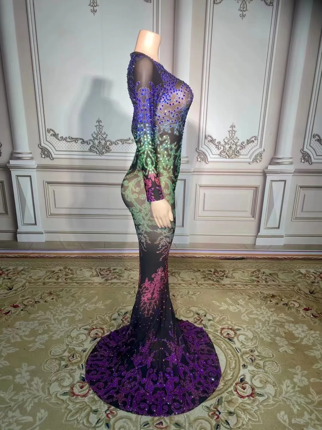 Sparkly Diamond Ladies Gradent Color Floor-Length Dress Sexy See Through Bodycon Evening Party Dress Singer Show Stage Costume