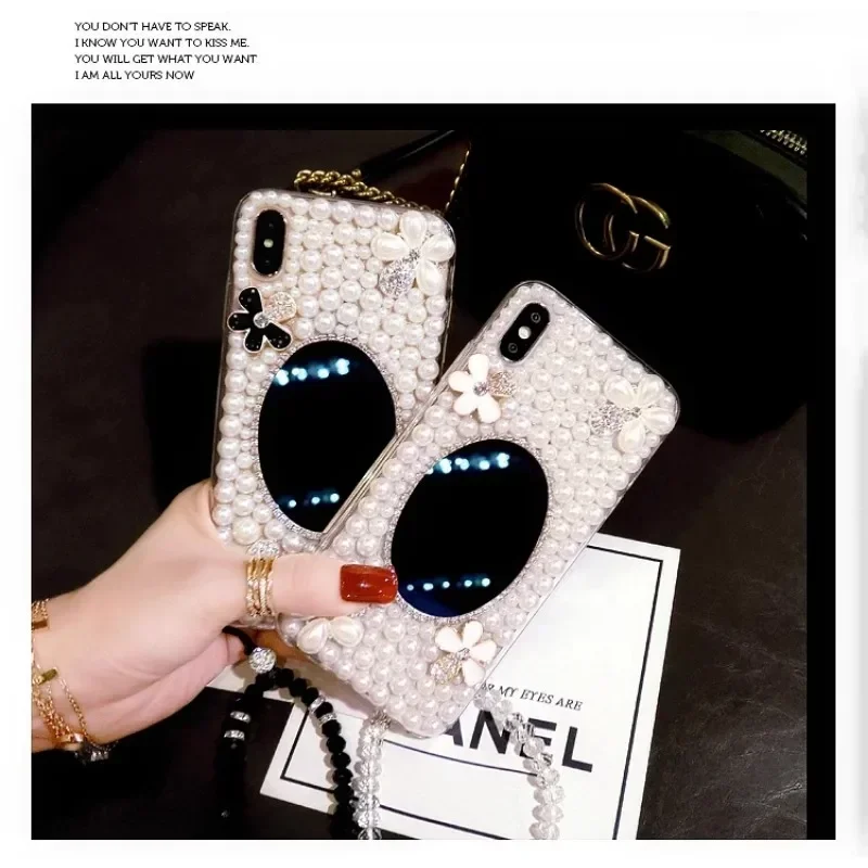 

Luxury Bling Rhinestone Mirror Pearl Flower Case for iPhone, Cover for iPhone 16 Plus 15Pro, 14Plus, 13 Pro, 12 Mini, 11Pro MAX