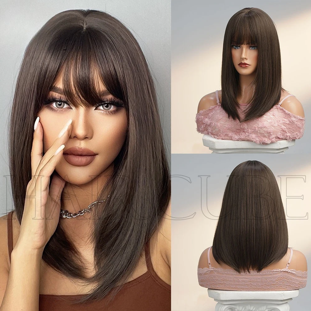 

Medium and long straight hair Qi bangs high temperature silk wig women's adjustment headgear new