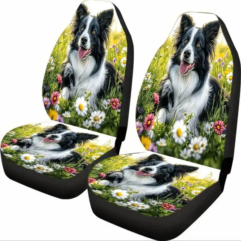 2 Border Collie Car Seat Covers In Spring Flower Beds 2pcs Set, Universal Front Seat Cover Suitable For Sedans, SUVs And Trucks,
