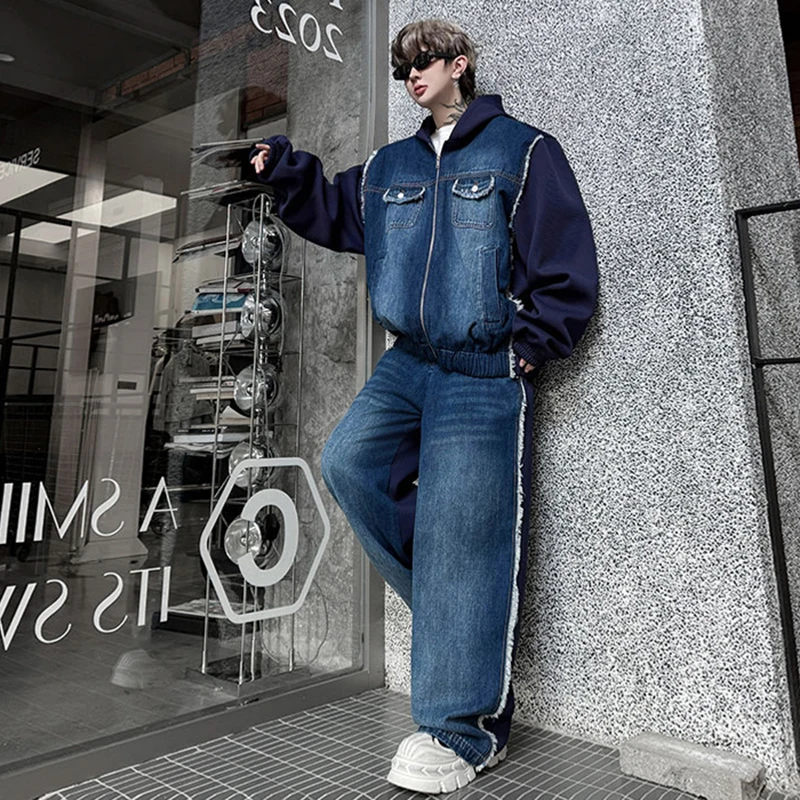 LUZHEN Original Wide Sets Fashion Handsome Baggy Street Leg Two-piece Casual Jeans Men Gradient Washed Denim Hooded Coat JY5826