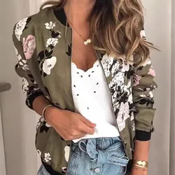 Women Elegant Zipper Bomber Jacket Spring Autumn Floral Printed Jackets Office Wear Slim Office Coat Retro Outwear