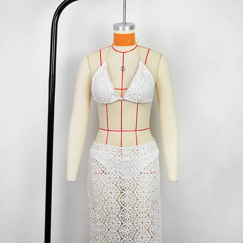 เซ็กซี่ลูกไม้สีขาว 3 ชิ้นบิกินี่ 2025 ชุดว่ายน้ําสตรีชุดว่ายน้ํายาว Sarong ชุดบิกินี่ Beachwear ชุดว่ายน้ําว่ายน้ํา