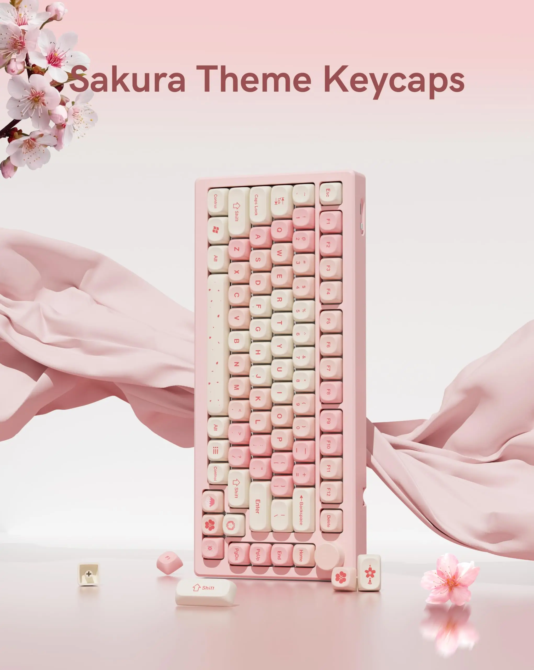 Rosa Kirschblüten-PBT-Tastenkappen, MOA-Profil, Farbsublimations-Tastenkappe, individuelles 133-Tasten-Set für mechanische MX-Switches-Tastatur