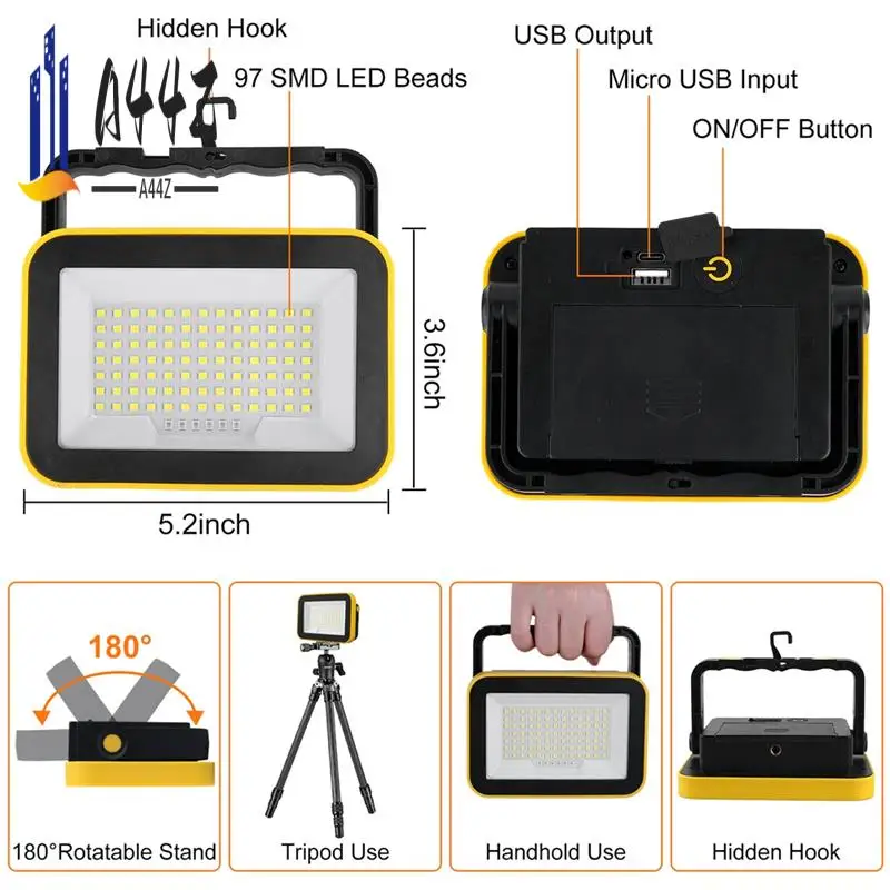 

A44Z-Портативный супер яркий 97 SMD рабочий фонарь USB перезаряжаемый 5-режимный светодиодный фонарик для кемпинга и экстренной помощи