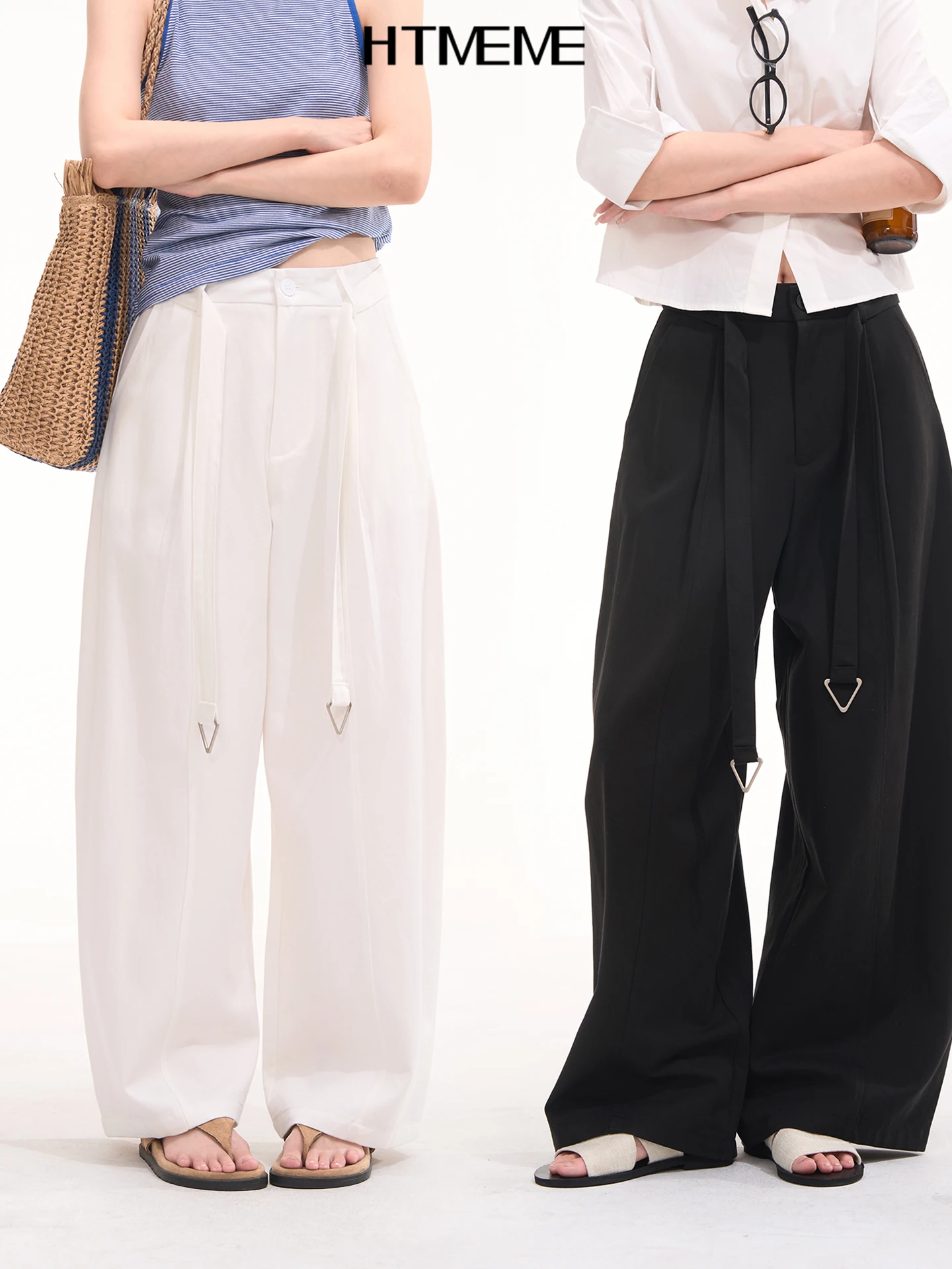 

Умные эстетичные брюки Heme из стираного хлопка с широкими штанинами, повседневные, женские, весна-лето, универсальные, для работы, с высокой талией, на пуговицах