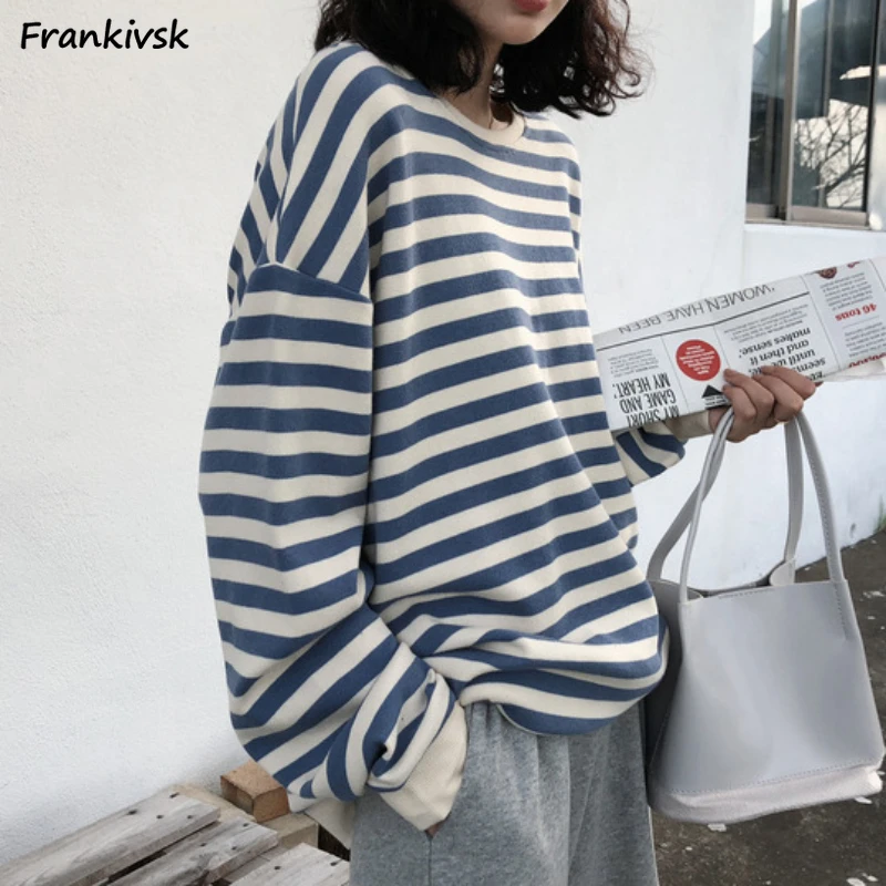 

Striped Sweatshirts Women Autumn Korean Style Simple Baggy Casual Long Sleeve All-match Sweet Comfortable Clothing College Daily