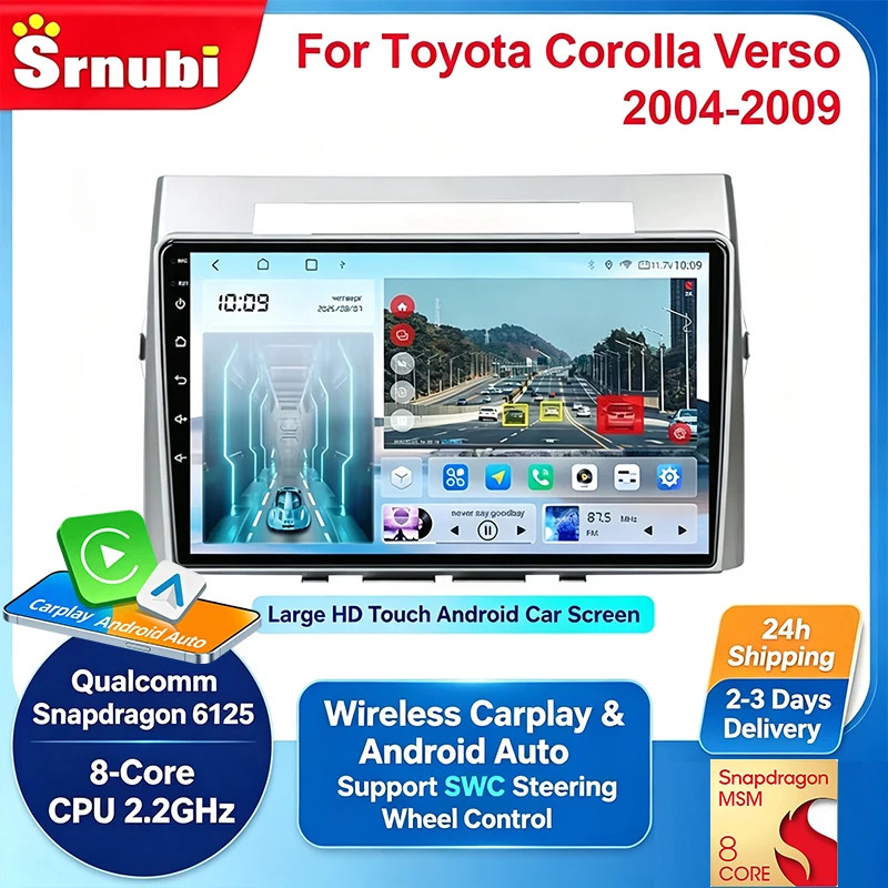 9-Zoll-Autoradio mit GPS-Navigation, Multimedia-Video-Player für Toyota Corolla Verso 2004-2009, kabelloses Carplay, Android Auto, HiFi-Stereo, Plug-and-Play-Hauptgerät, Bluetooth-Audiosteuerung