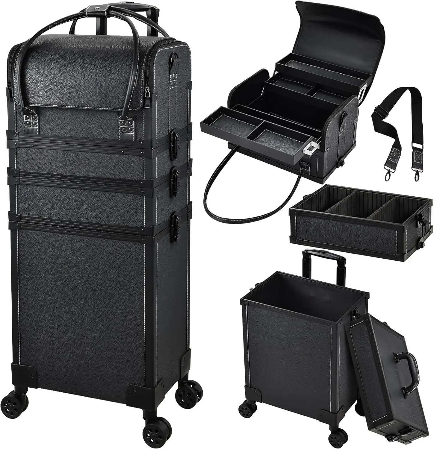 

5 In 1 Rolling Makeup Case On Wheels Leather Cosmetology Case Organizer With Shoulder Strap Salon Barber Trolley Cart