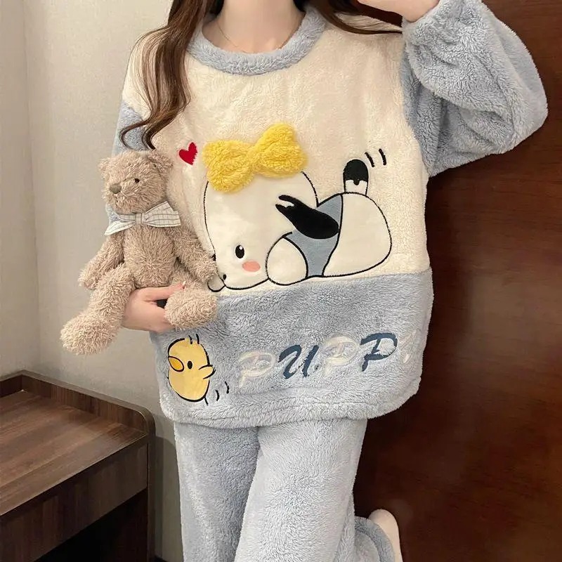 Popular Pochacco Sleepwear for Women In Autumn Winter with Thick Coral Fleece Loose Fitting Home Clothes Set Cute Cartoon Gift