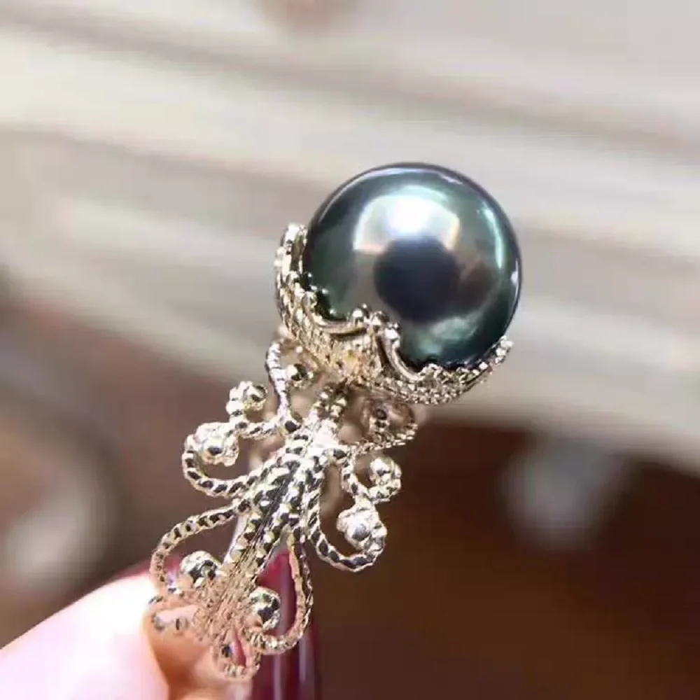 

Beautiful AAAAA 9-10mm 11-10mm 11-12mm Genuine Nanhai Black Round Pearl Open Ring 925s