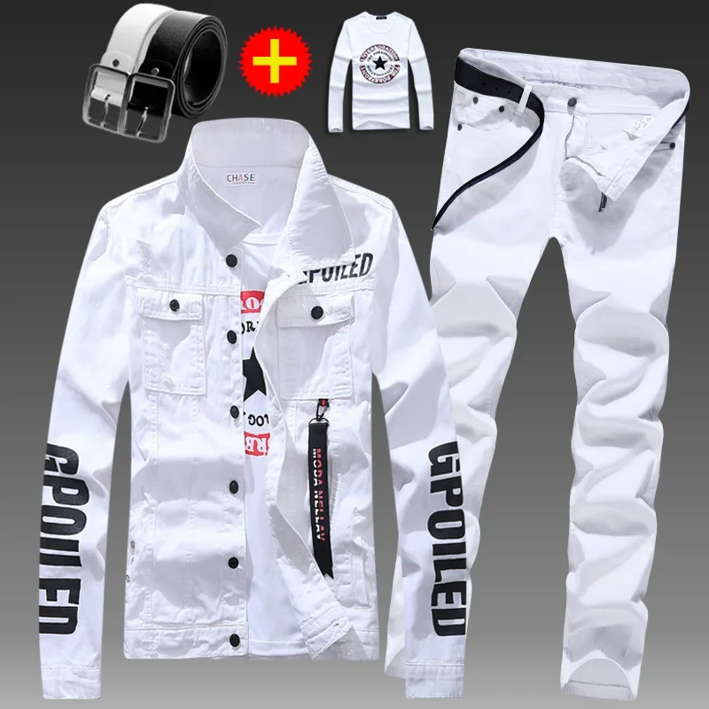 Men\'s Slim Fit Denim Jacket Pants 2pcs Set Long Sleeve Coats Letters Printed Casual Large Size Black White Red Boys Trousers