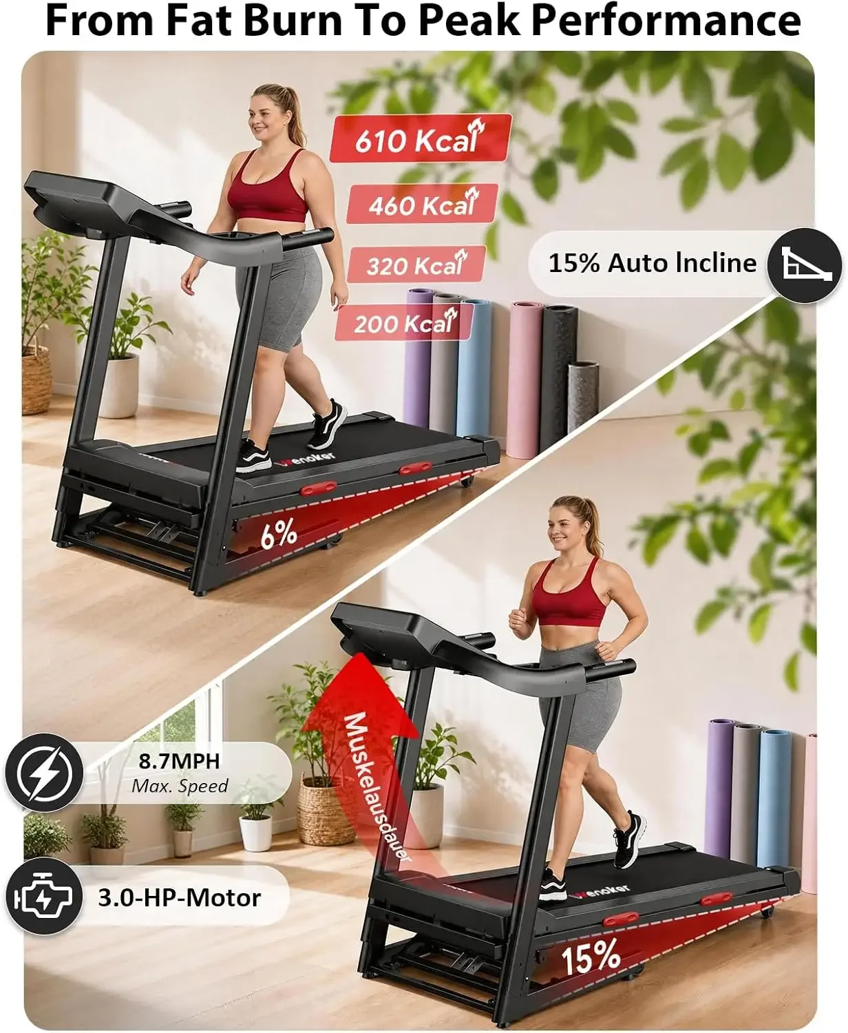 Treadmill for Home, Folding Treadmill with 15% Auto Incline | 3.0HP Folding Treadmill with App,12 Workout Programs, Max 8.7 MPH