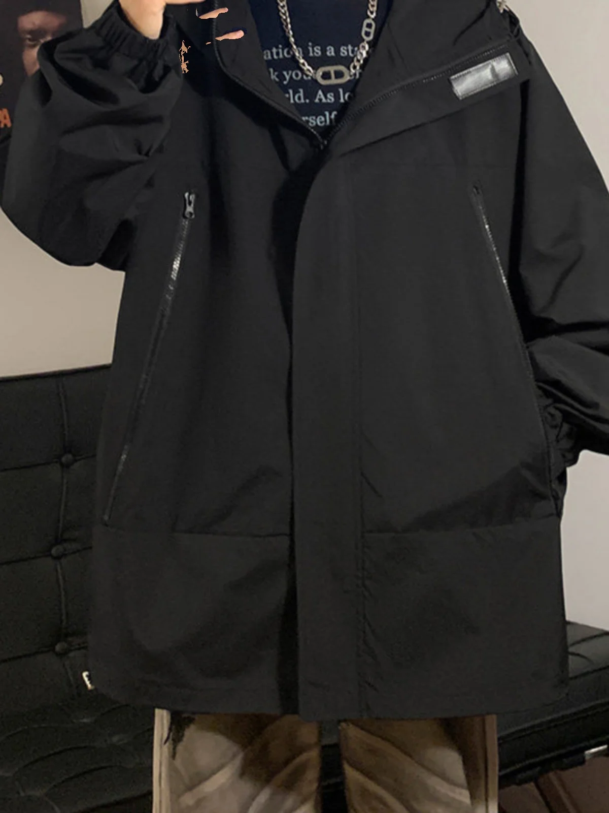 

Autumn 2024 Men's Casual Waterproof Jaet Hong Kong Sle Student Large Size Top Polyester Fiber Long Sve Zipper Closure