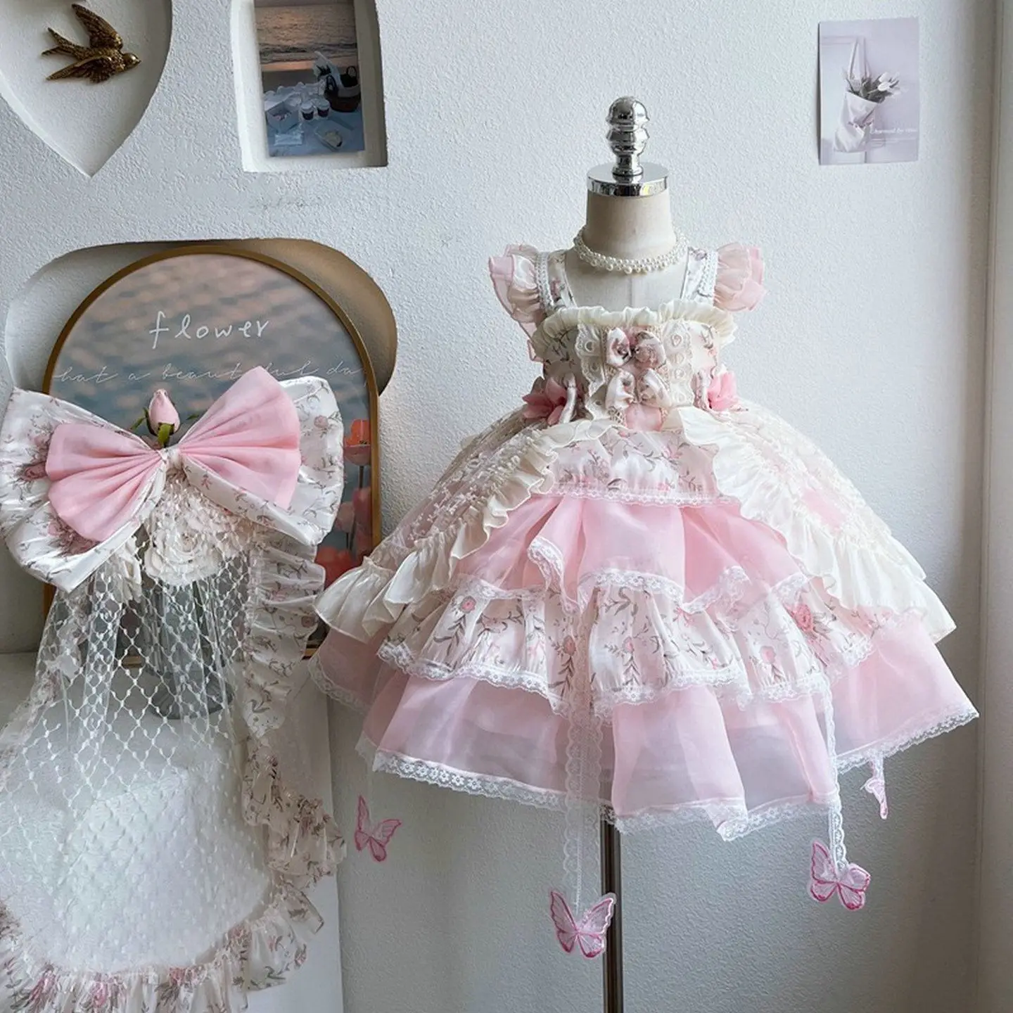 Girl Lolita Flower Fairy Mesh Puff Dress Gift Dress 2026 New Children's Stylish Tail Pink Princess Dress