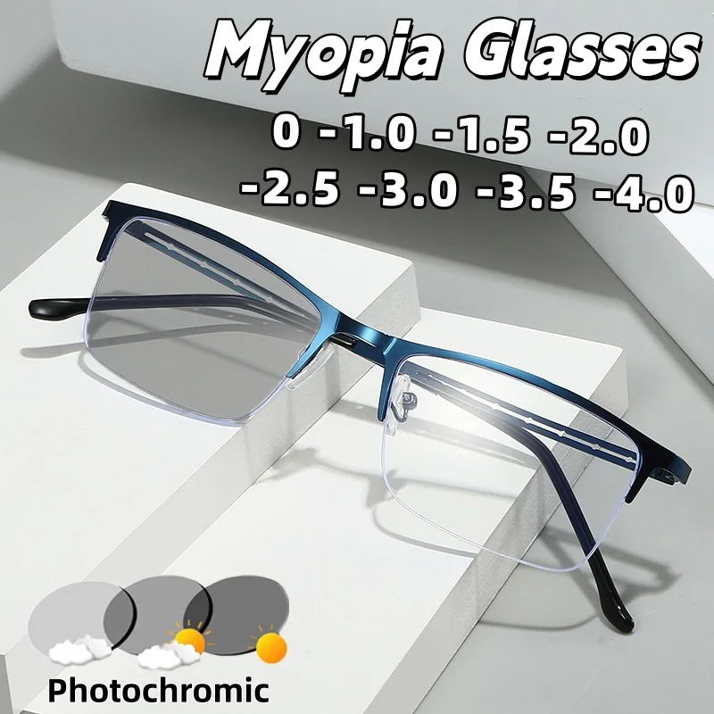 

Retro Semi-rimless Photochromic Myopia Glasses Men's Business Spectacles Fashionable Openwork Temple Frame Glasses for Women