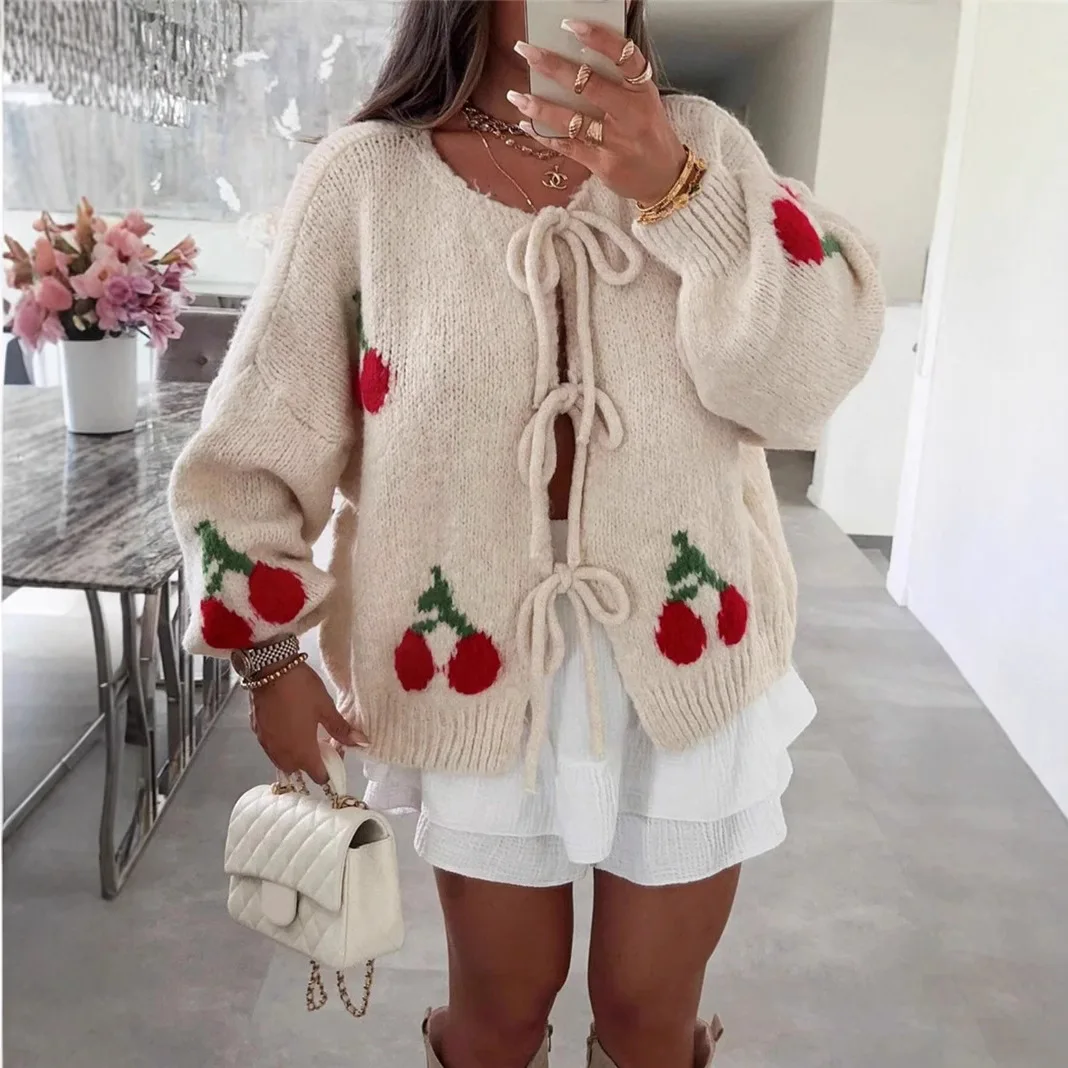 

Cherry Jacquard Knitted Sweater Cardigan Women Fashion Cute Style Loose Lace-up Long Sleeve Knitted Jacket Women Autumn Winter