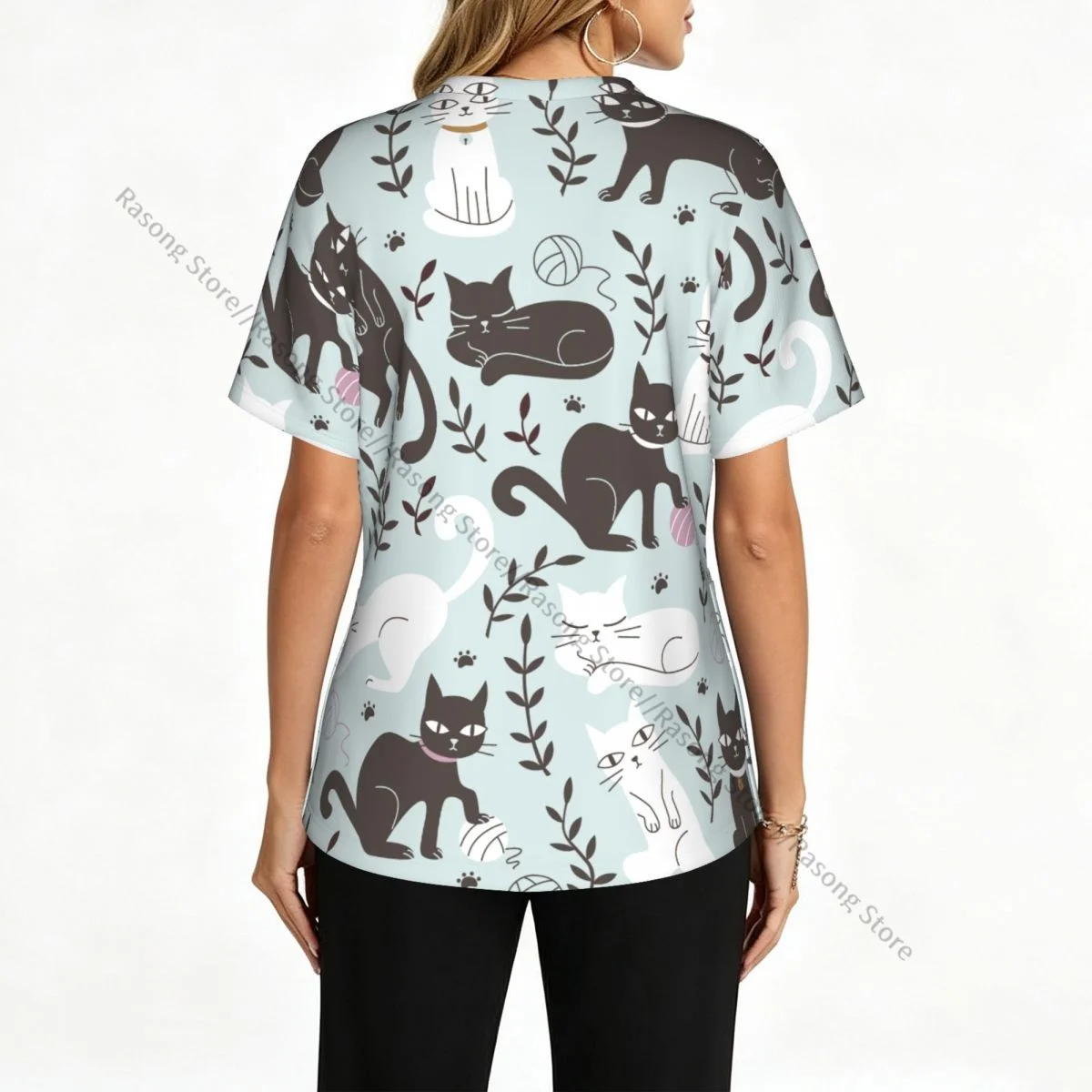 Women's Scrub Tops Short Sleeve Workwear Shirts V Neck Fitness Nursing Uniform Cats In Doodle Pullover Spa Doctor Nursing Shirt