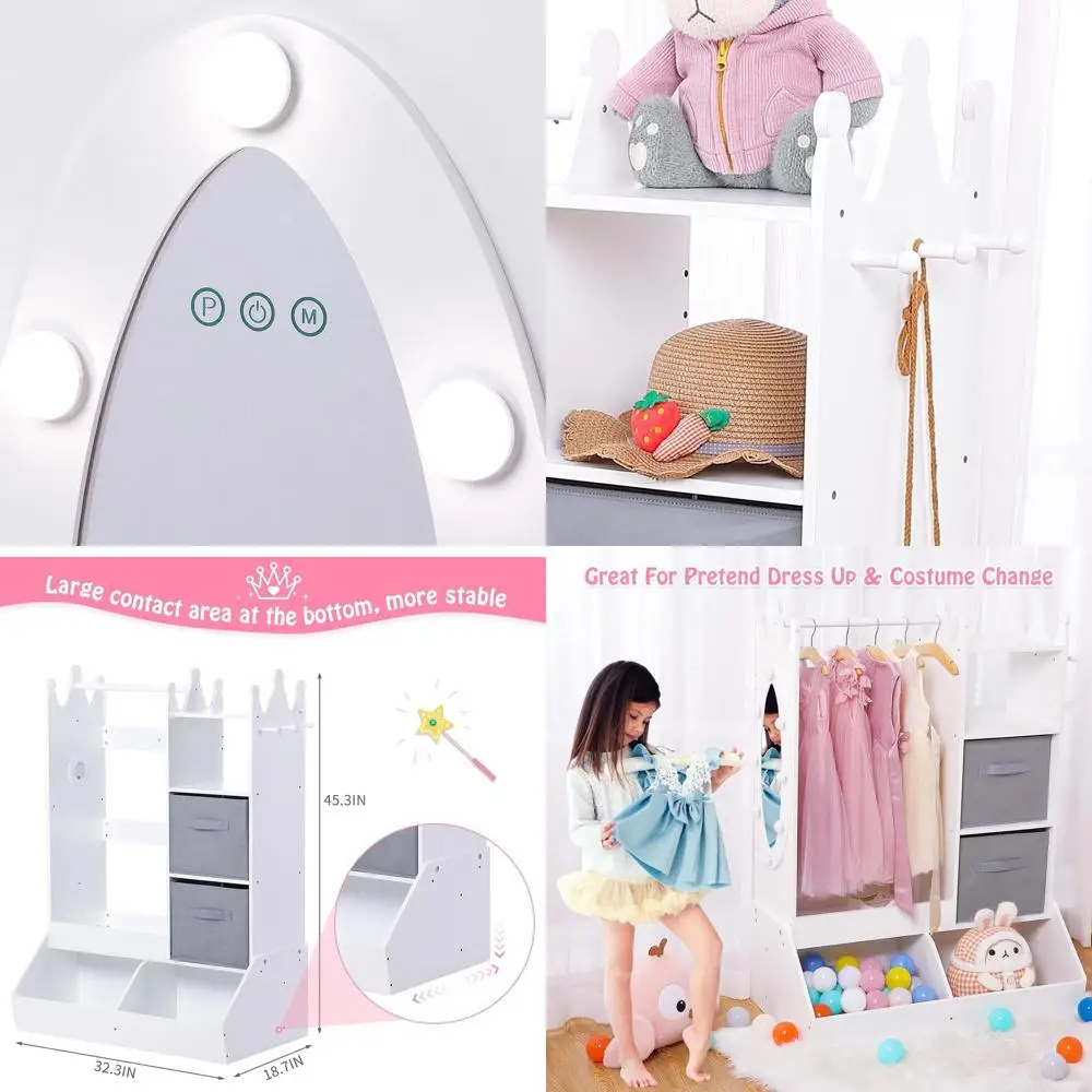 

Lighted Mirror Kids' Costume Organizer with Storage, Rack, Shelves, Bins & Hooks, White Wardrobe for Bedroom/Classroom