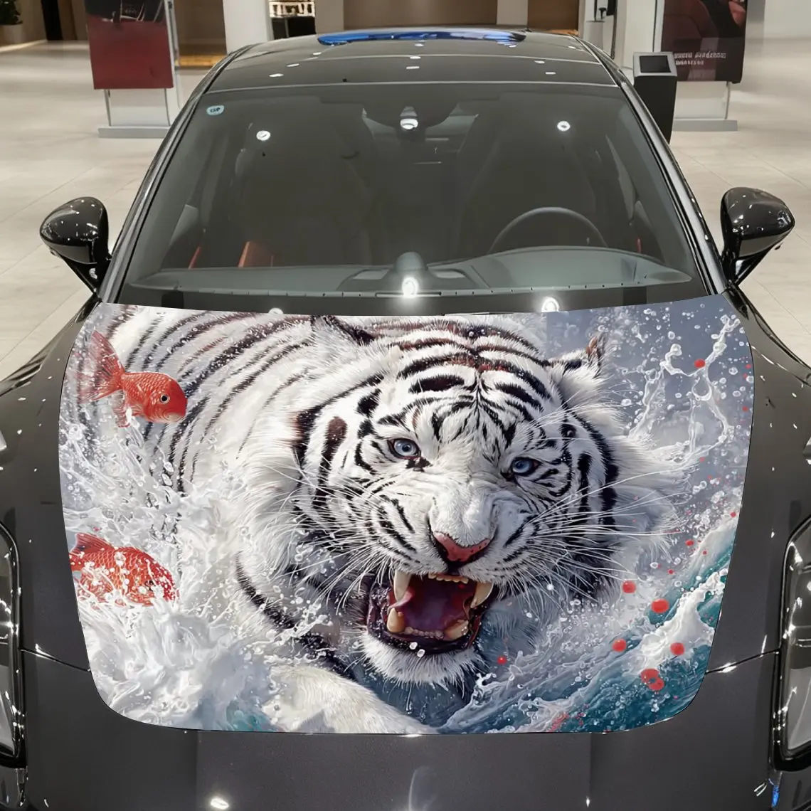 The White Tiger Playing In The Water Car Hood Stickers,stunning Car Film Stickers,waterproof And Wear-resistant,suitable For All
