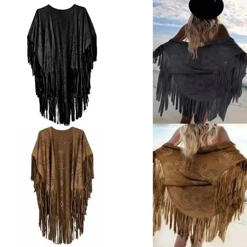 Chaleco sin mangas con borlas para mujer, chaquetas con flecos de ante de imitación Hippie, cárdigan de verano, chaleco hueco, p