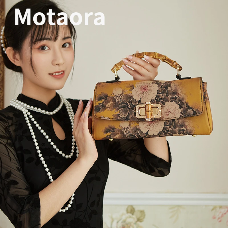 MOTAORA Vintage Print Cheongsam Leather Handbag Women Bag Luxury Designer Handmade 2024 New Ladies Shoulder & Crossbody Bags