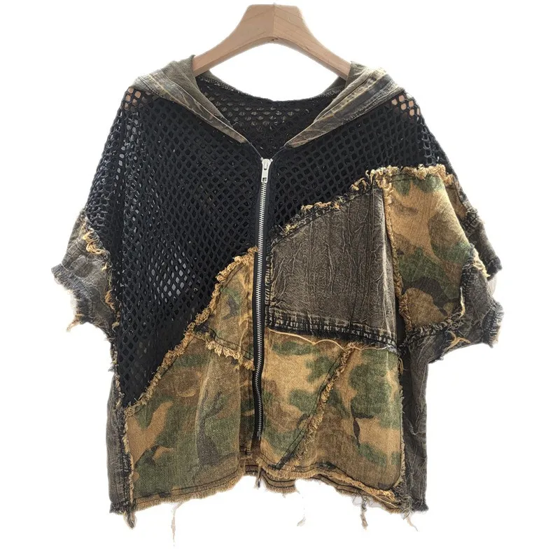 2025 été nouveau Design personnalisé Camouflage Denim épissage maille à capuche Cardigan à manches courtes veste femmes tendance hauts
