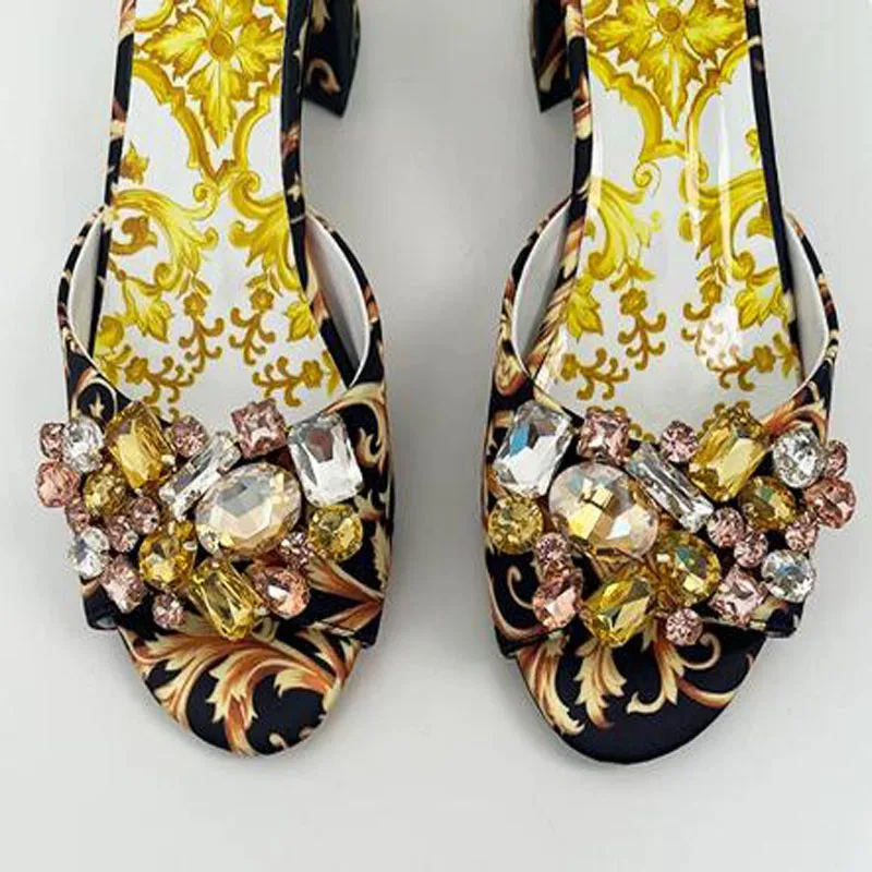 Yellow Black Porcelain Print Mules Sandals Women Colorful Crystal Rhinestone Peep Toe Slip‑On Slippers Block Heel Party Slippers