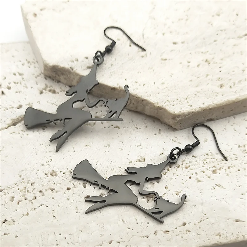 Wicca Witch Stainless Steel Hoop Earring Witchcraft Supplies for Spells Hollow Black Drop Earrings for Women Punk Jewelry Gift