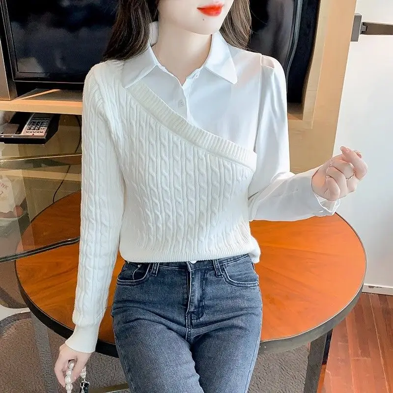 Autumn Women's 2024 New Spliced Polo Collar Button Screw Thread Fashion Solid Color Slim Knit Fake Two-piece Long Sleeved Shirt