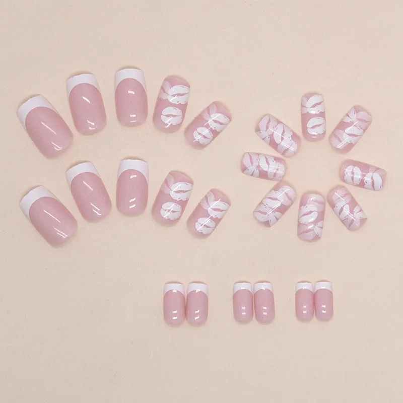 24pcs White French False Nails Simple Mid-Length Fake Nails with Glue Sexy Lips Press on Nails To Stick on Square Wear Nail Girl