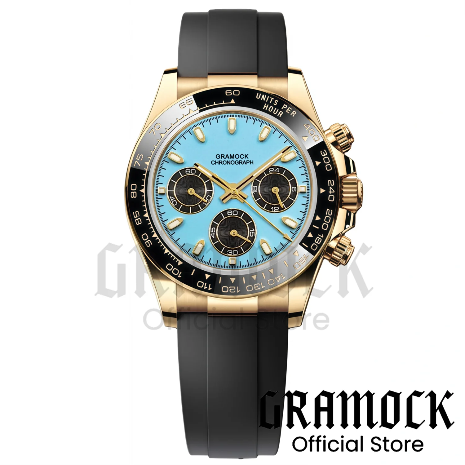 

Custom Men Watch 39MM Gold VK63A Quartz Chronograph Sapphire Glass Turquoise Blue Dial Luminous Rubber Strap Black Ceramic Bezel