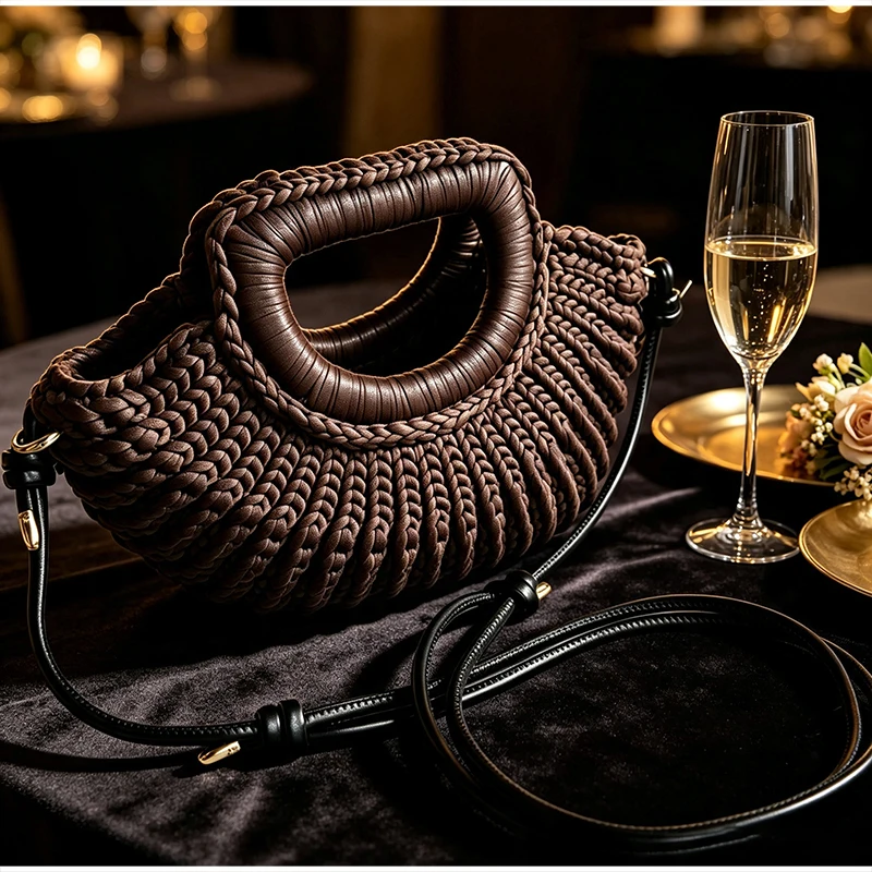 Gestrickte Garn-Umhängetasche, Einfarbige Damen-Handtasche, Schlichte Casual-Strandtasche für den Urlaub am Meer – Detail 2